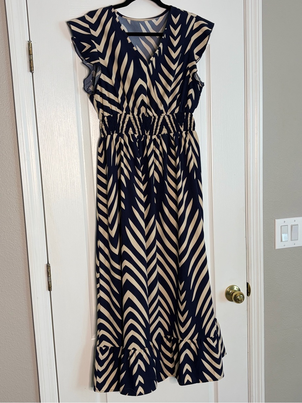 Navy and Cream V-Neck Smocked-Waist Maxi Dress